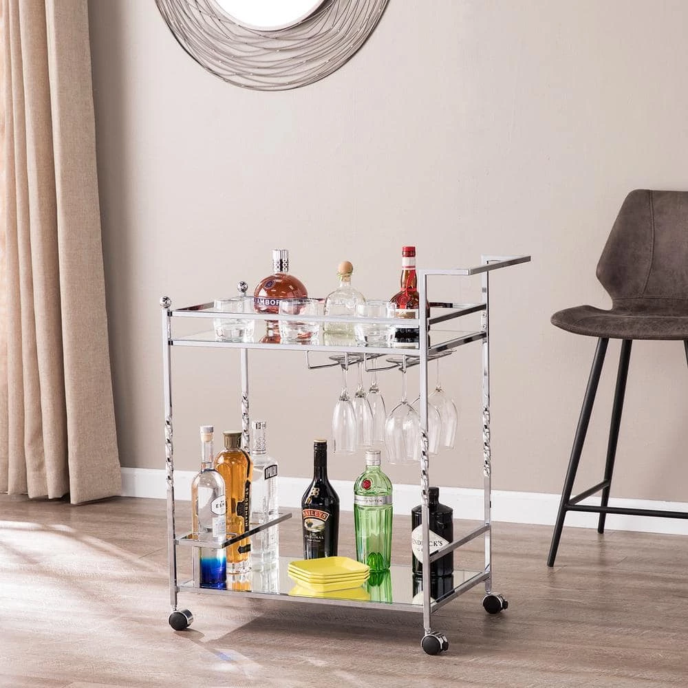 Prindel Chrome Mirrored Bar Cart by Southern Enterprises 3 Prindel Chrome Mirrored Bar Cart by Southern Enterprises
