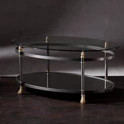 Dorothy 42 in. Dark Gray/Silver/Gold Large Oval Glass Coffee Table with Shelf by Southern Enterprises -Southern Enterprises Sales dark gray finish with silver distressing and gold accents southern enterprises coffee tables hd865003 4f 1000