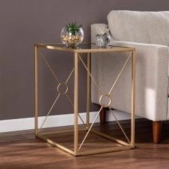 Lillian 23 in. Gold Rectangle Glass End Table by Southern Enterprises -Southern Enterprises Sales gold southern enterprises end side tables hd391908 31 1000