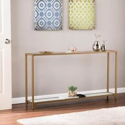 Shannon 56 in. Gold/White Standard Rectangle Glass Console Table with Storage by Southern Enterprises -Southern Enterprises Sales gold w white glass southern enterprises console tables hd675121 a0 1000