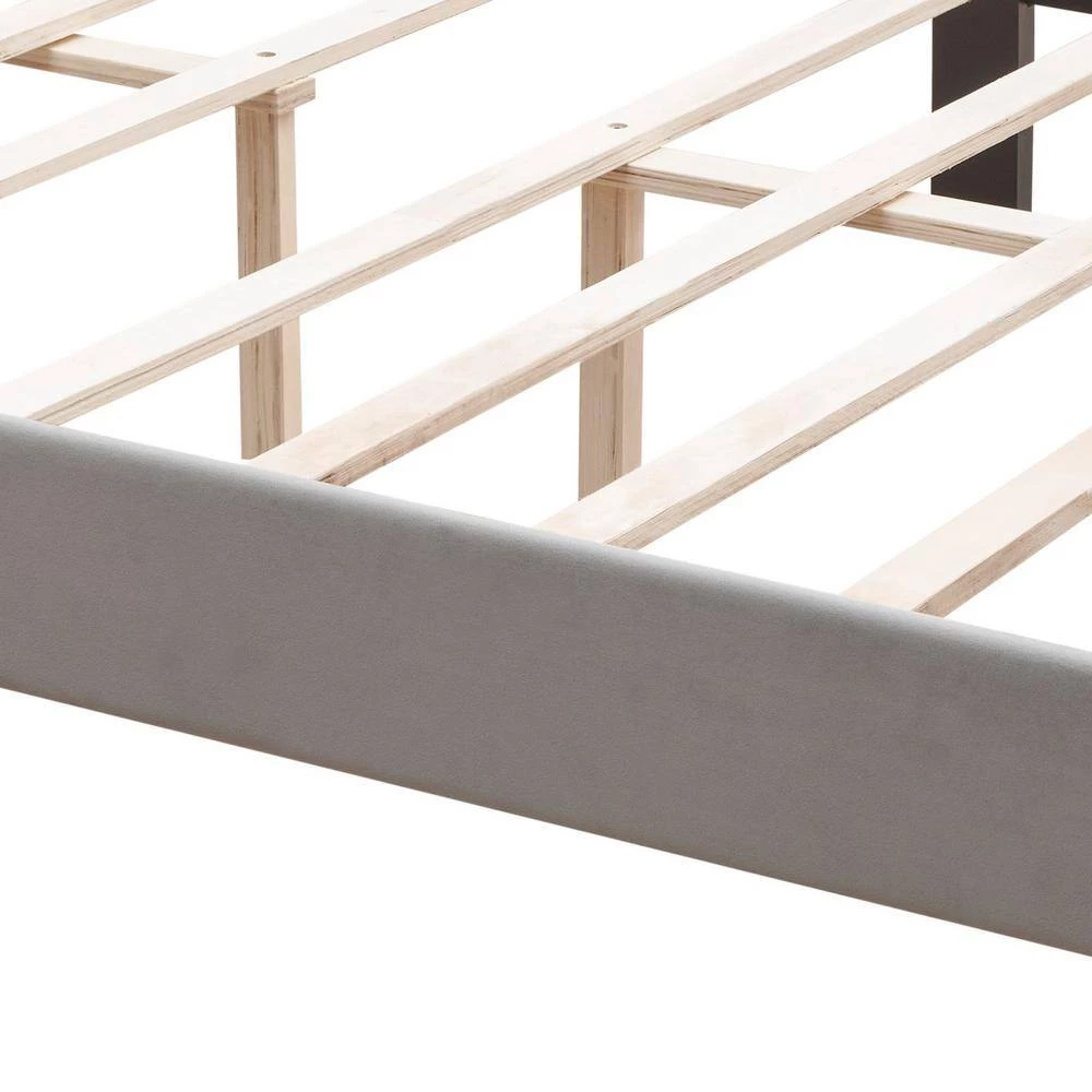 Gray Queen Size Velvet Upholstered Platform Bed Frame with Curve Design and Strong Wood Slat Support by Huluwat 7 Gray Queen Size Velvet Upholstered Platform Bed Frame with Curve Design and Strong Wood Slat Support by Huluwat - Image 5