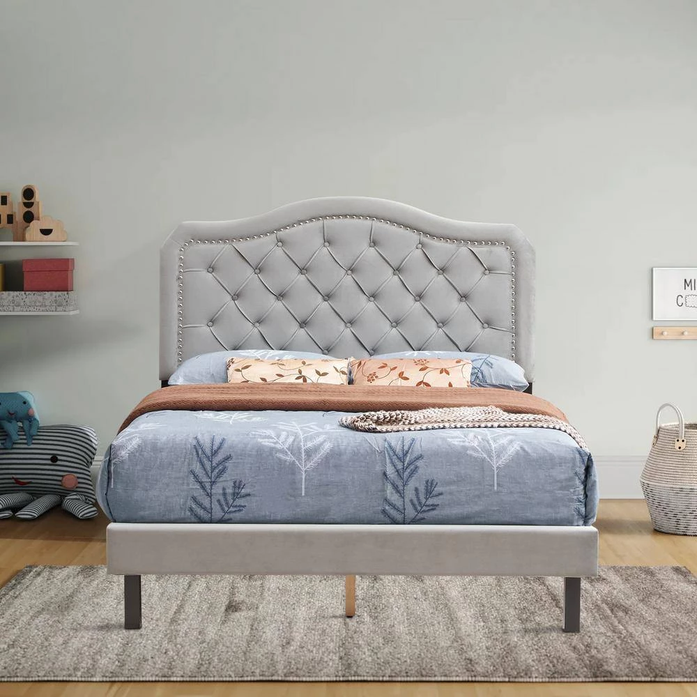 Gray Queen Size Velvet Upholstered Platform Bed Frame with Curve Design and Strong Wood Slat Support by Huluwat 11 Gray Queen Size Velvet Upholstered Platform Bed Frame with Curve Design and Strong Wood Slat Support by Huluwat - Image 9