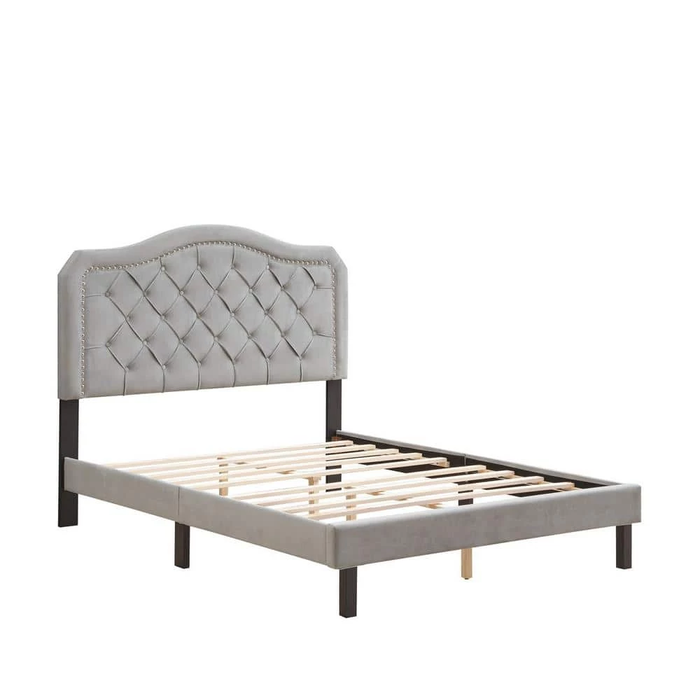Gray Queen Size Velvet Upholstered Platform Bed Frame with Curve Design and Strong Wood Slat Support by Huluwat 3 Gray Queen Size Velvet Upholstered Platform Bed Frame with Curve Design and Strong Wood Slat Support by Huluwat