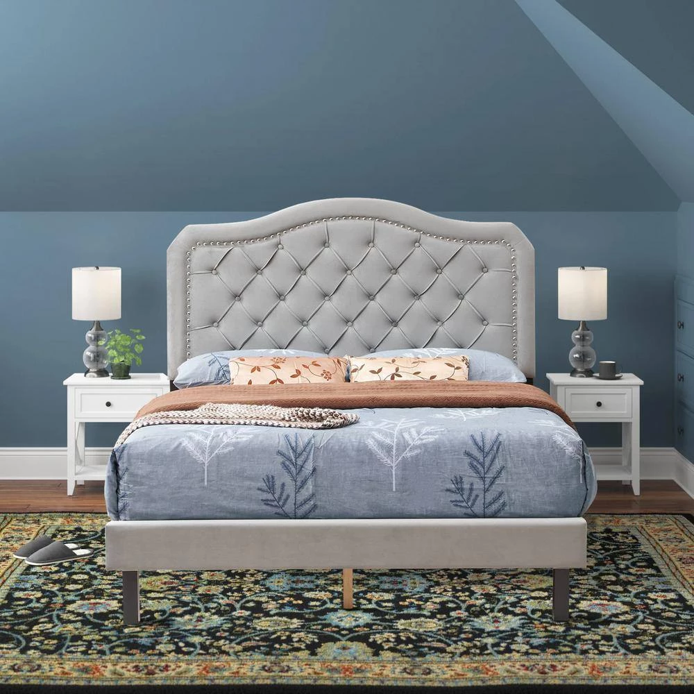 Gray Queen Size Velvet Upholstered Platform Bed Frame with Curve Design and Strong Wood Slat Support by Huluwat 4 Gray Queen Size Velvet Upholstered Platform Bed Frame with Curve Design and Strong Wood Slat Support by Huluwat - Image 2
