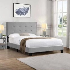 Gray Full Size Upholstered Platform Bed Frame with pull point Tufted Headboard and Strong Wood Slat Support by Huluwat -Southern Enterprises Sales gray huluwat platform beds dj tc w31136118 1f 1000