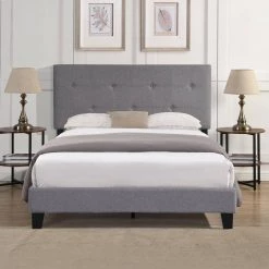 Grey Full Size Upholstered Platform Bed Frame with Modern Button Tufted Linen Fabric Headboard and Wood Slat Support by Huluwat 12 Grey Full Size Upholstered Platform Bed Frame with Modern Button Tufted Linen Fabric Headboard and Wood Slat Support by Huluwat -Southern Enterprises Sales gray huluwat platform beds dj tc w31136121 1f 1000