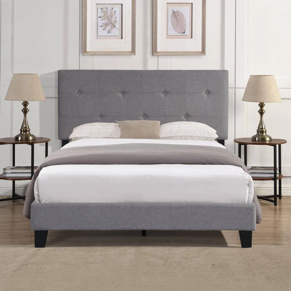 Grey Full Size Upholstered Platform Bed Frame with Modern Button Tufted Linen Fabric Headboard and Wood Slat Support by Huluwat 7 Grey Full Size Upholstered Platform Bed Frame with Modern Button Tufted Linen Fabric Headboard and Wood Slat Support by Huluwat - Image 5