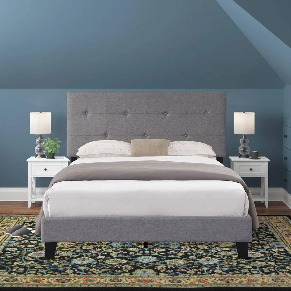 Grey Full Size Upholstered Platform Bed Frame with Modern Button Tufted Linen Fabric Headboard and Wood Slat Support by Huluwat 8 Grey Full Size Upholstered Platform Bed Frame with Modern Button Tufted Linen Fabric Headboard and Wood Slat Support by Huluwat - Image 6