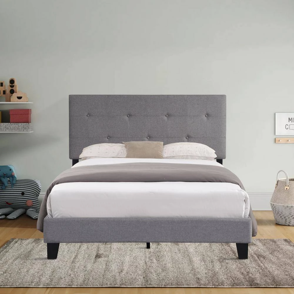 Grey Full Size Upholstered Platform Bed Frame with Modern Button Tufted Linen Fabric Headboard and Wood Slat Support by Huluwat 4 Grey Full Size Upholstered Platform Bed Frame with Modern Button Tufted Linen Fabric Headboard and Wood Slat Support by Huluwat - Image 2