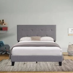Gray Queen Size Upholstered Platform Bed Frame with Button Tufted Linen Fabric Headboard by Huluwat -Southern Enterprises Sales gray huluwat platform beds dj tc w31136122 31 1000