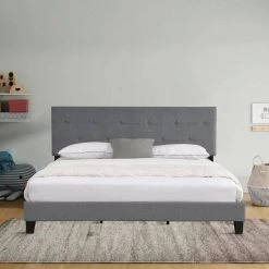 Gray King Size Upholstered Platform Bed Frame with Button Tufted Linen Fabric Headboard and Wood Slat Support by Huluwat -Southern Enterprises Sales gray huluwat platform beds dj tc w31136123 31 1000
