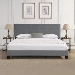 Gray King Size Upholstered Platform Bed Frame with Button Tufted Linen Fabric Headboard and Wood Slat Support by Huluwat -Southern Enterprises Sales gray huluwat platform beds dj tc w31136123 44 1000
