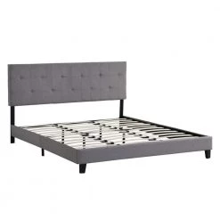 Gray King Size Upholstered Platform Bed Frame with Button Tufted Linen Fabric Headboard and Wood Slat Support by Huluwat
