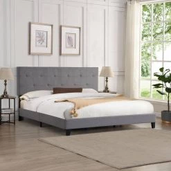 Gray King Size Upholstered Platform Bed Frame with Button Tufted Linen Fabric Headboard and Wood Slat Support by Huluwat -Southern Enterprises Sales gray huluwat platform beds dj tc w31136123 fa 1000