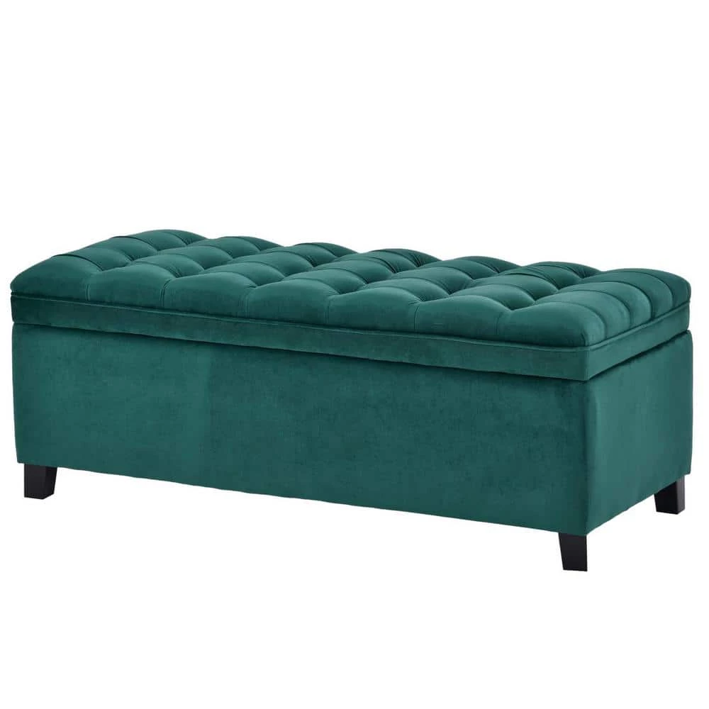 Green Upholstered Flip Top Storage Bench with Button Tufted Top (16.1 in. H x 46.5 in. W x 20.1 in. D ) by Huluwat 2 Green Upholstered Flip Top Storage Bench with Button Tufted Top (16.1 in. H x 46.5 in. W x 20.1 in. D ) by Huluwat