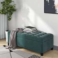 Green Upholstered Flip Top Storage Bench with Button Tufted Top (16.1 in. H x 46.5 in. W x 20.1 in. D ) by Huluwat 17 Green Upholstered Flip Top Storage Bench with Button Tufted Top (16.1 in. H x 46.5 in. W x 20.1 in. D ) by Huluwat -Southern Enterprises Sales green huluwat bedroom benches dj tc wf280924aac 76 1000