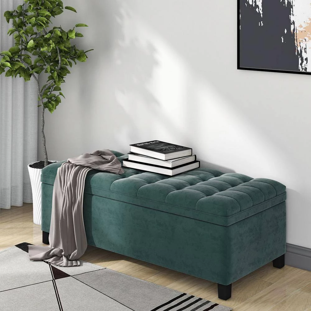 Green Upholstered Flip Top Storage Bench with Button Tufted Top (16.1 in. H x 46.5 in. W x 20.1 in. D ) by Huluwat 9 Green Upholstered Flip Top Storage Bench with Button Tufted Top (16.1 in. H x 46.5 in. W x 20.1 in. D ) by Huluwat - Image 8