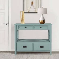 36 in. Green Modern Rectangle Solid Wood Console Table for Living Room with 4-Drawers and 1-Shelf by Huluwat -Southern Enterprises Sales green huluwat console tables dj tc wf212304aam 31 1000