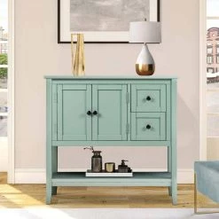 36 in. Green Modern Rectangle Solid Wood Console Table for Living Room with 2-Drawers, 1-Cabinet and 1-Shelf by Huluwat 19 36 in. Green Modern Rectangle Solid Wood Console Table for Living Room with 2-Drawers, 1-Cabinet and 1-Shelf by Huluwat -Southern Enterprises Sales green huluwat console tables dj tc wf281041aac 31 1000