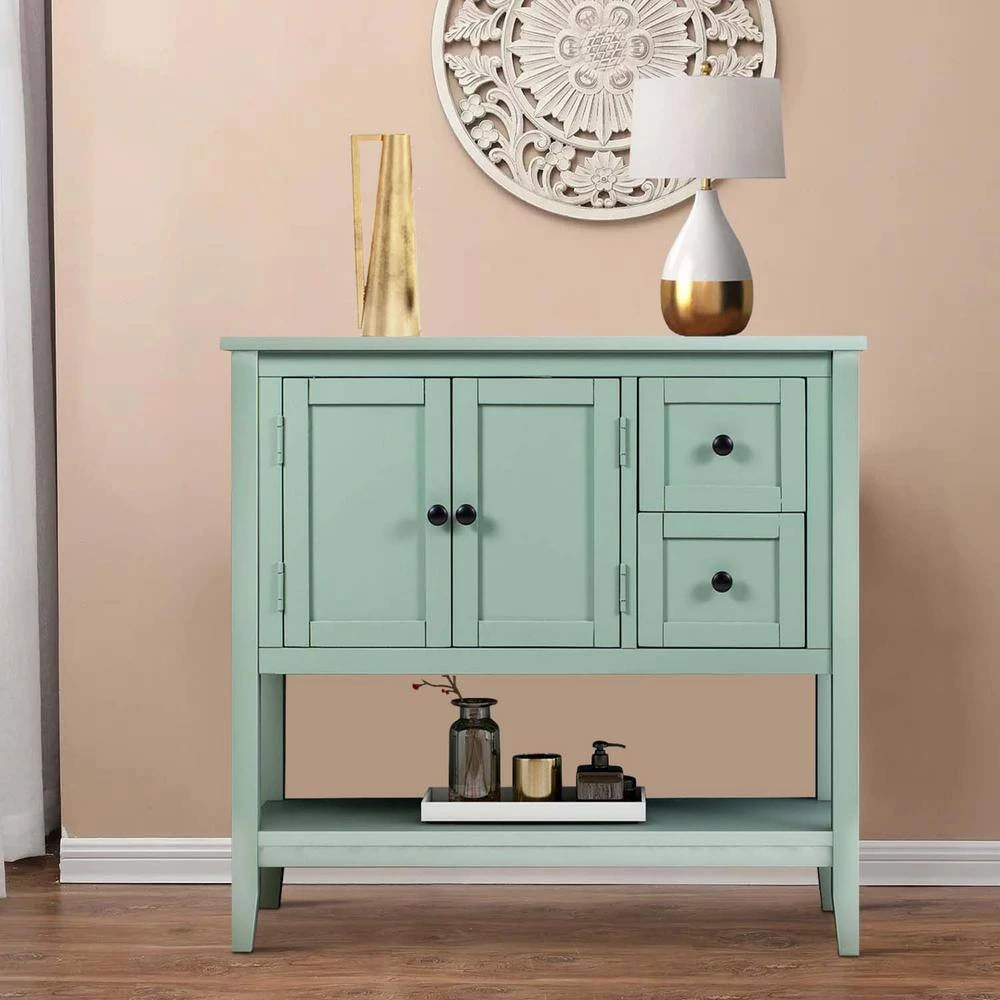 36 in. Green Modern Rectangle Solid Wood Console Table for Living Room with 2-Drawers, 1-Cabinet and 1-Shelf by Huluwat 4 36 in. Green Modern Rectangle Solid Wood Console Table for Living Room with 2-Drawers, 1-Cabinet and 1-Shelf by Huluwat - Image 2