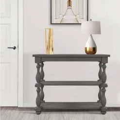 39.4 in. Grey Modern Rectangle Wood Console Table for Hallway Living Room with 2-Shelves by Huluwat -Southern Enterprises Sales grey huluwat console tables dj tc wf285066aae 31 1000