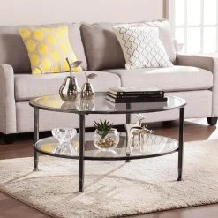 Galena 36 in. Black/Silver Medium Round Glass Coffee Table with Shelf by Southern Enterprises -Southern Enterprises Sales hand painted black w silver distressing southern enterprises coffee tables hd748832 fa 1000