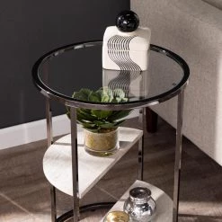 Rudola High Gloass Black and Faux Travertine Round Side Table by Southern Enterprises -Southern Enterprises Sales high gloss black and faux travertine finish southern enterprises end side tables hd434346 c3 1000