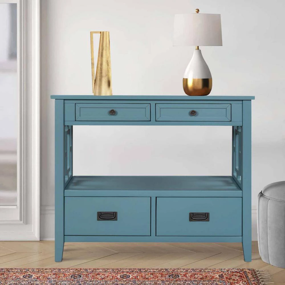 36 in. Light Blue Modern Rectangle Solid Wood Console Table for Living Room with 4-Drawers and 1-Shelf by Huluwat 12 36 in. Light Blue Modern Rectangle Solid Wood Console Table for Living Room with 4-Drawers and 1-Shelf by Huluwat - Image 10