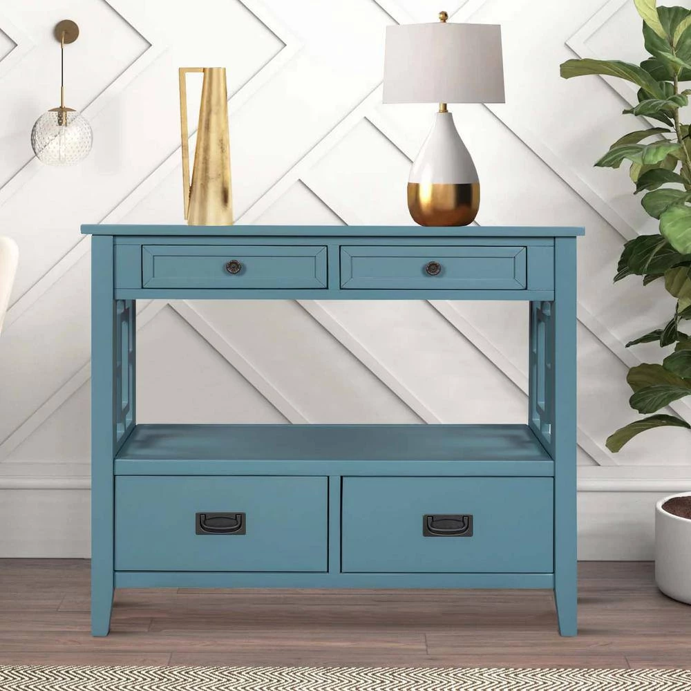 36 in. Light Blue Modern Rectangle Solid Wood Console Table for Living Room with 4-Drawers and 1-Shelf by Huluwat 4 36 in. Light Blue Modern Rectangle Solid Wood Console Table for Living Room with 4-Drawers and 1-Shelf by Huluwat - Image 2
