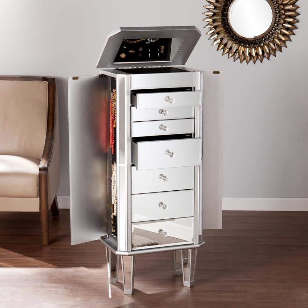 Gretta Silver Mirrored Jewelry Armoire by Southern Enterprises 6 Gretta Silver Mirrored Jewelry Armoire by Southern Enterprises - Image 5