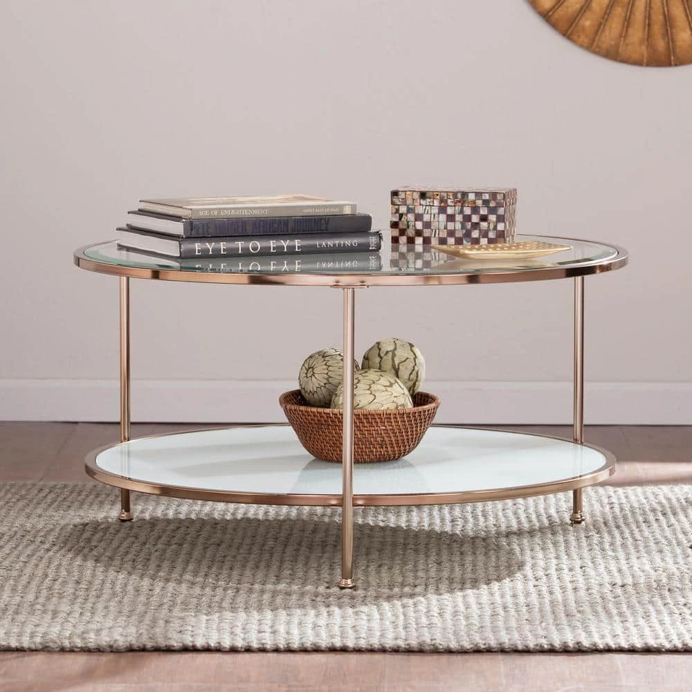 Cherlize 34 in. Metallic Gold/White Medium Oval Glass Coffee Table with Shelf by Southern Enterprises 5 Cherlize 34 in. Metallic Gold/White Medium Oval Glass Coffee Table with Shelf by Southern Enterprises - Image 3