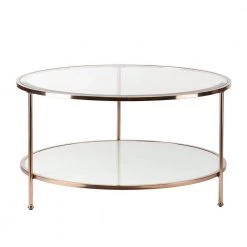 Cherlize 34 in. Metallic Gold/White Medium Oval Glass Coffee Table with Shelf by Southern Enterprises