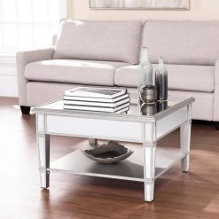 Eshom 29 in. Silver Medium Square Glass Coffee Table with Shelf by Southern Enterprises 21 Eshom 29 in. Silver Medium Square Glass Coffee Table with Shelf by Southern Enterprises -Southern Enterprises Sales mirror w brushed matte silver finish southern enterprises coffee tables hd598949 31 1000