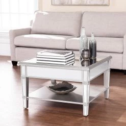 Eshom 29 in. Silver Medium Square Glass Coffee Table with Shelf by Southern Enterprises