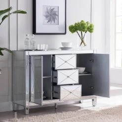 Pavel 50.25 in. Rectangle Wood 3-Drawer Silver Mirrored Cabinet by Southern Enterprises -Southern Enterprises Sales mirrored finish with matte silver trim southern enterprises end side tables hd473857 77 1000
