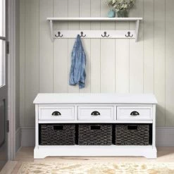 White Homes Collection Wood Storage Bench with 3-Drawers and 3-Woven Baskets (19.5 in. H x 41.9 in. W x 15.2 in. D) by Huluwat -Southern Enterprises Sales n a huluwat dining benches dj tc wf189496aak 31 1000