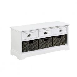 White Homes Collection Wood Storage Bench with 3-Drawers and 3-Woven Baskets (19.5 in. H x 41.9 in. W x 15.2 in. D) by Huluwat
