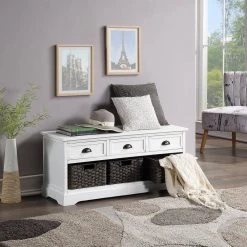 White Homes Collection Wood Storage Bench with 3-Drawers and 3-Woven Baskets (19.5 in. H x 41.9 in. W x 15.2 in. D) by Huluwat -Southern Enterprises Sales n a huluwat dining benches dj tc wf189496aak 76 1000