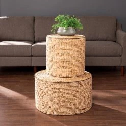 Freedrick 14 in. Round Water Hyacinth Storage Tables - 2pc Set by Southern Enterprises -Southern Enterprises Sales natural finish southern enterprises end side tables hd473819 fa 1000