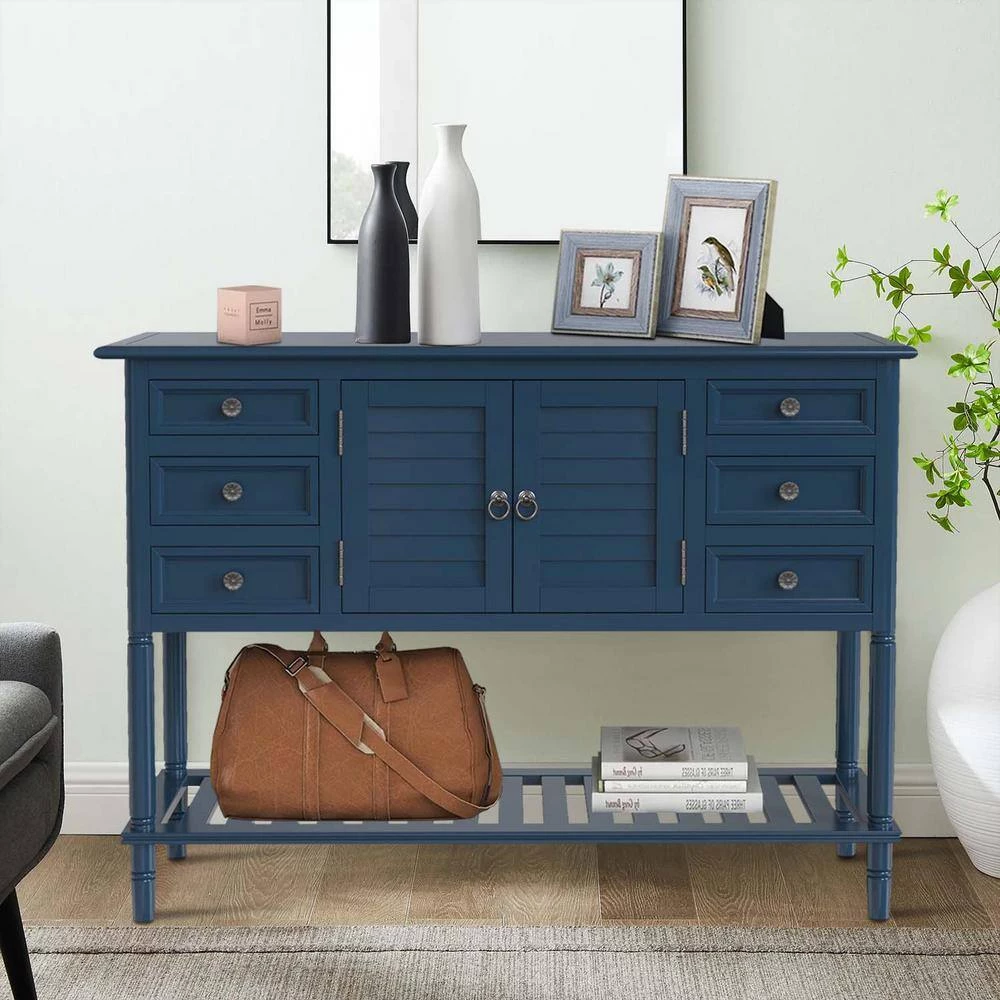 45 in. Navy Blue Modern Rectangle Wood Console Table for Living Room with 6-Drawers, 1-Cabinets and 1-Shelf by Huluwat 4 45 in. Navy Blue Modern Rectangle Wood Console Table for Living Room with 6-Drawers, 1-Cabinets and 1-Shelf by Huluwat - Image 2