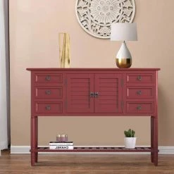 45 in. Red Modern Rectangle Solid Wood Console Table for Living Room with 6-Drawers, 1-Cabinets and 1-Shelf by Huluwat -Southern Enterprises Sales red huluwat console tables dj tc wf280260aar 31 1000