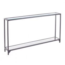 Greene 56 in. Silver Rectangle Glass Console Table with Shelves by Southern Enterprises -Southern Enterprises Sales silver finish southern enterprises console tables hd530314 4f 1000