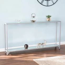 Greene 56 in. Silver Rectangle Glass Console Table with Shelves by Southern Enterprises