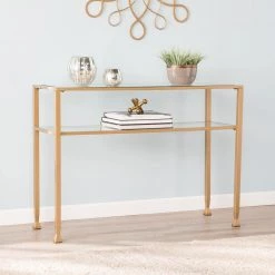 Galena 43 in. Soft Gold/Clear Standard Rectangle Glass Console Table with Shelves by Southern Enterprises -Southern Enterprises Sales soft gold southern enterprises console tables hd524337 1d 1000
