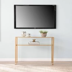 Galena 43 in. Soft Gold/Clear Standard Rectangle Glass Console Table with Shelves by Southern Enterprises -Southern Enterprises Sales soft gold southern enterprises console tables hd524337 40 1000