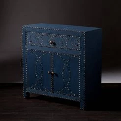 Elna Navy Storage Cabinet by Southern Enterprises -Southern Enterprises Sales soft navy linen with brass and antique bronze accents southern enterprises accent cabinets hd866239 1f 1000