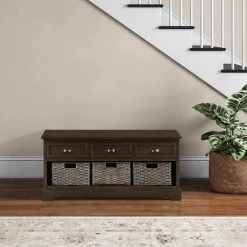 Walnut Color Wood Storage Bench with 3-Drawers and 3-Woven Baskets(19.5 in. H x 41.9 in. W x 15.2 in. D) by Huluwat -Southern Enterprises Sales walnut huluwat dining benches dj tc wf189496naa 31 1000