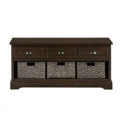 Walnut Color Wood Storage Bench with 3-Drawers and 3-Woven Baskets(19.5 in. H x 41.9 in. W x 15.2 in. D) by Huluwat -Southern Enterprises Sales walnut huluwat dining benches dj tc wf189496naa 4f 1000