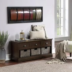 Walnut Color Wood Storage Bench with 3-Drawers and 3-Woven Baskets(19.5 in. H x 41.9 in. W x 15.2 in. D) by Huluwat -Southern Enterprises Sales walnut huluwat dining benches dj tc wf189496naa 76 1000