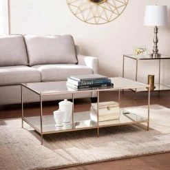 Pandora 43 in. Warm Gold Large Rectangle Glass Coffee Table with Shelf by Southern Enterprises